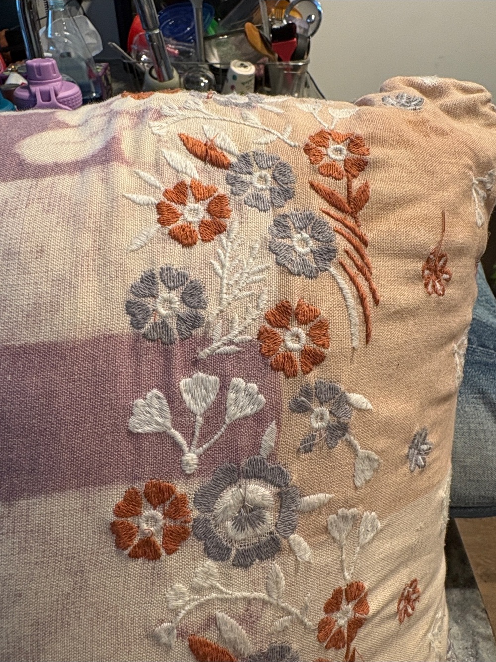 Macy's Floral Embroidered Decorative Pillow in Peach, Lavender, Orange and Gray - Picture 3 of 4